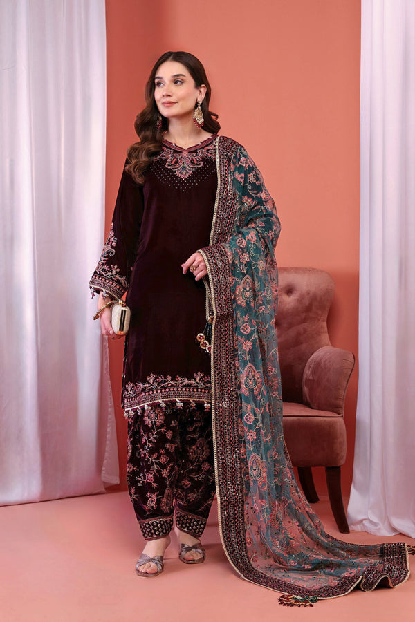 Mihrimah Luxury Velvet Wedding Wear Shalwar Kameez Wine MIH88