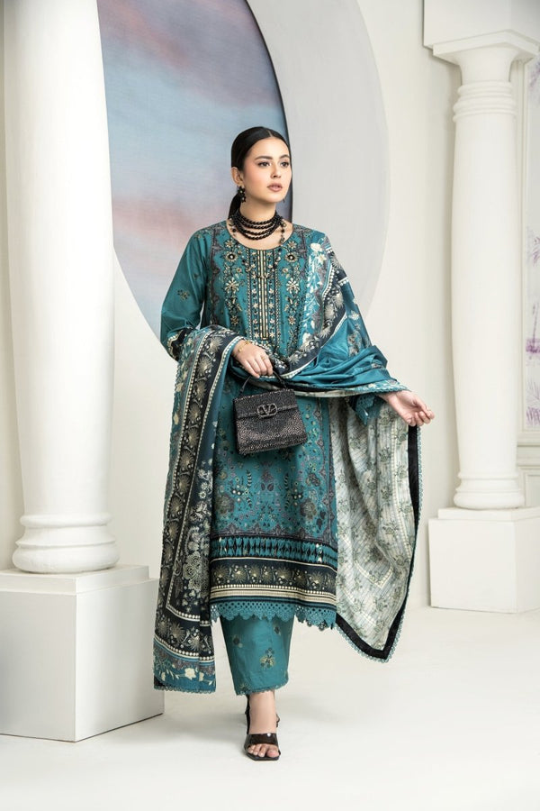 Amal Turuoise Embroidered Khaddar 3 Piece Suit ALL139 - Designer dhaage