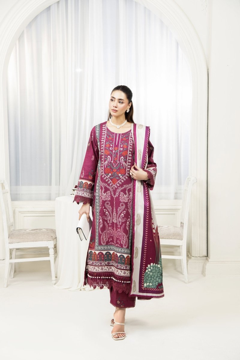 Amal Whisper Embroidered Khaddar 3 Piece Suit ALL140 - Designer dhaage