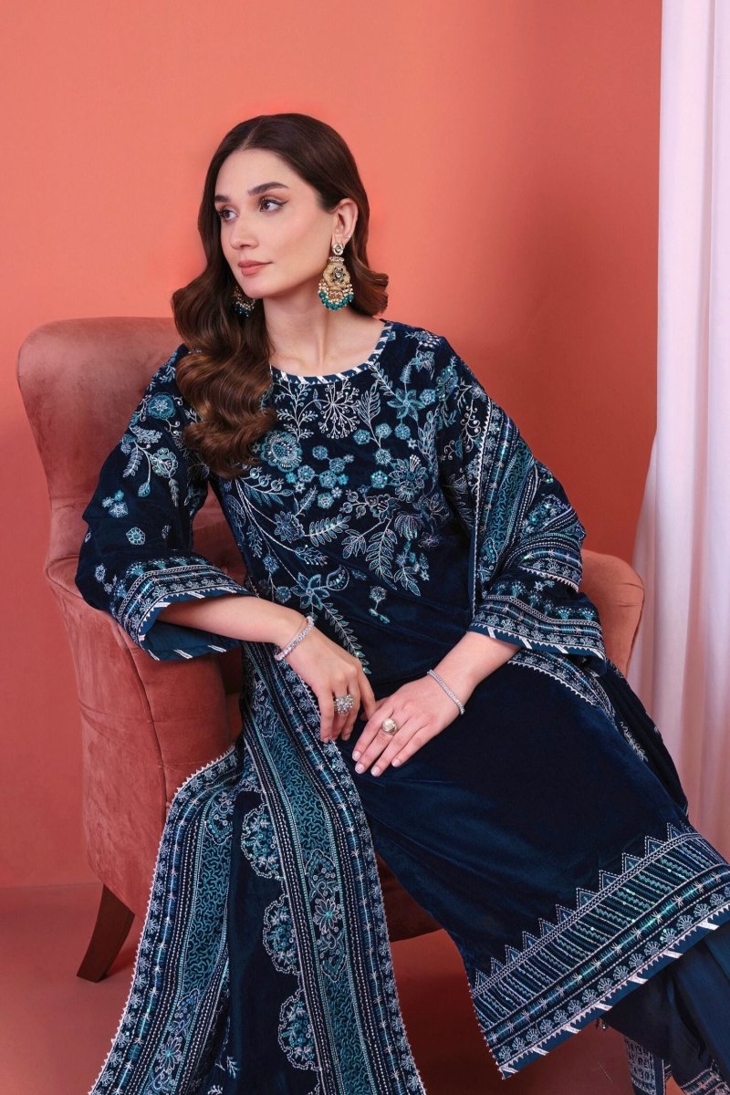 Mihrimah Luxury Velvet 3 Piece Suit Blue MIH95 - Designer dhaage