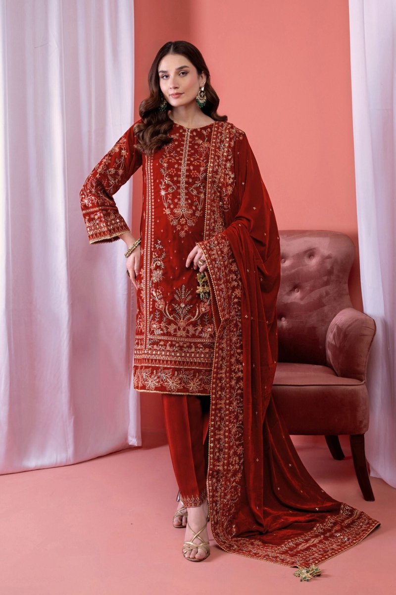 Mihrimah Luxury Velvet 3 Piece Suit Rust MIH86 - Designer dhaage