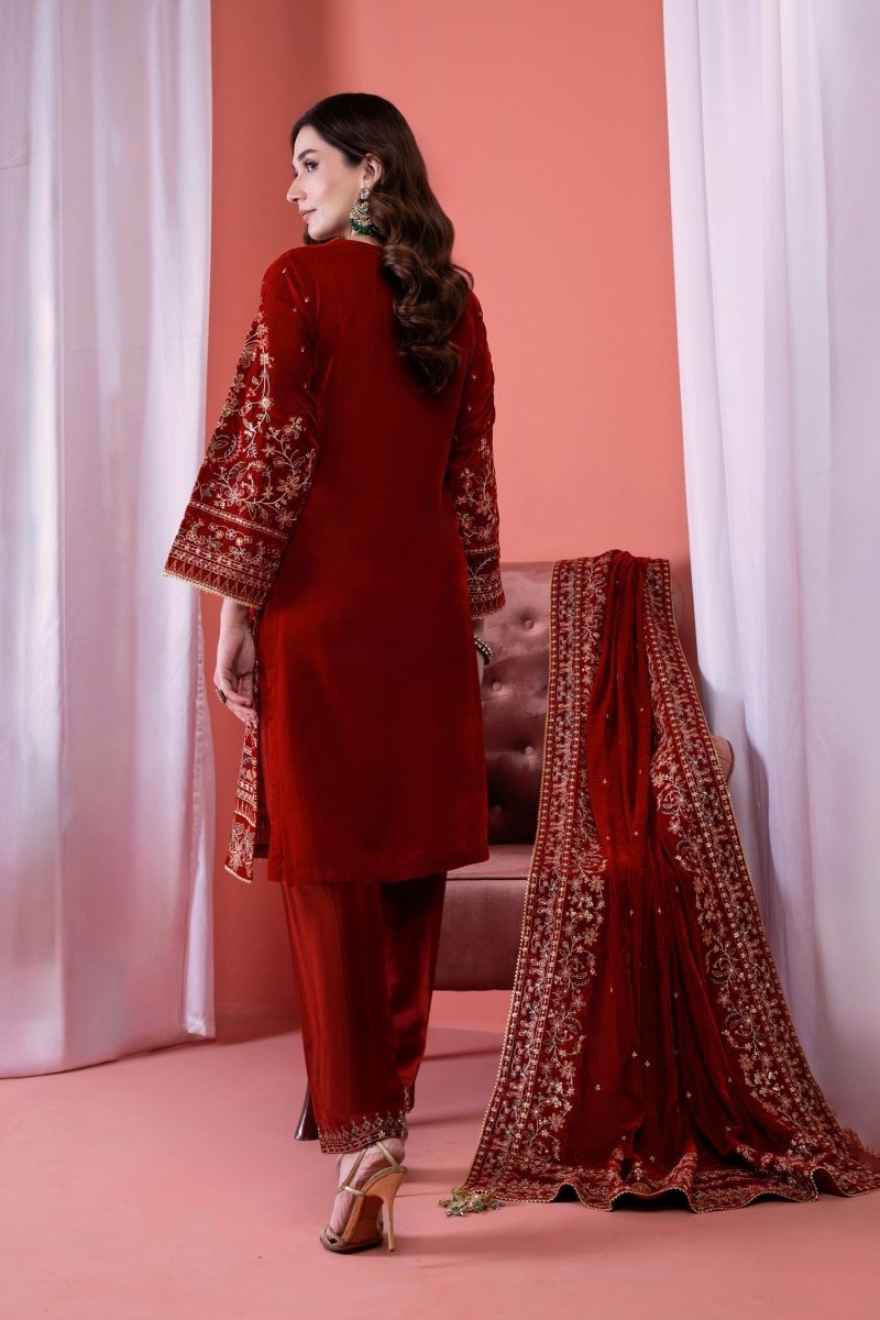 Mihrimah Luxury Velvet Wedding Wear Rust MIH86 - Designer dhaage