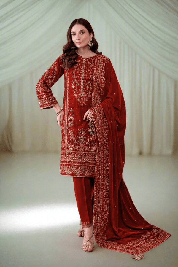 Mihrimah Luxury Velvet Wedding Wear Rust MIH86 - Designer dhaage