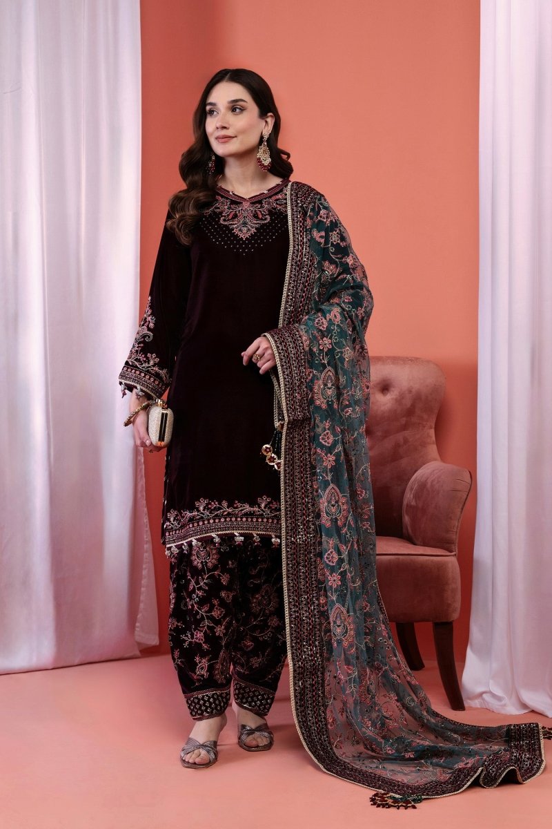 Mihrimah Luxury Velvet Wedding Wear Shalwar Kameez Wine MIH88 - Designer dhaage