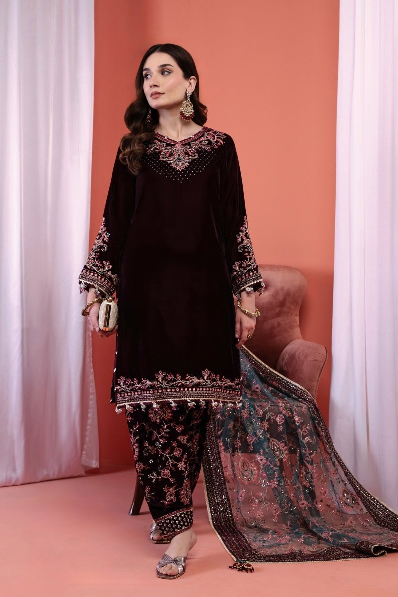 Mihrimah Luxury Velvet Wedding Wear Shalwar Kameez Wine MIH88 - Designer dhaage