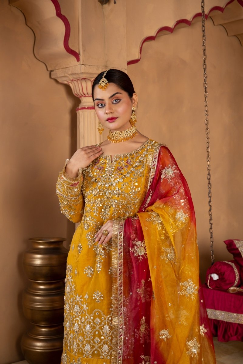 Sajni Embellished Organza Mehndi Gharara Outfit SAJ11 - Designer dhaage