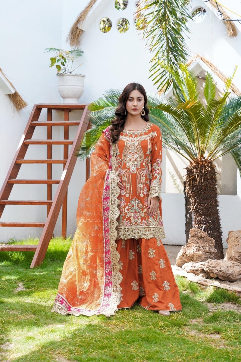 Sajni Embroidered Chiffon Mehndi Gharara Outfit SAJ11 - Designer dhaage