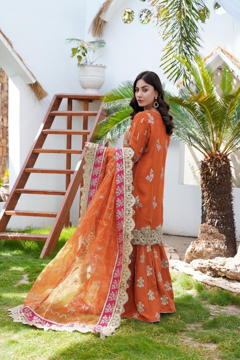 Sajni Embroidered Chiffon Mehndi Gharara Outfit SAJ11 - Designer dhaage