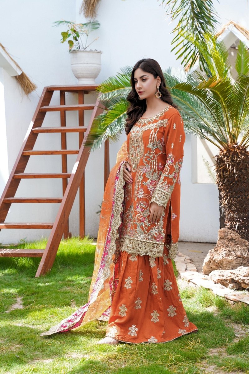 Sajni Embroidered Chiffon Mehndi Gharara Outfit SAJ11 - Designer dhaage